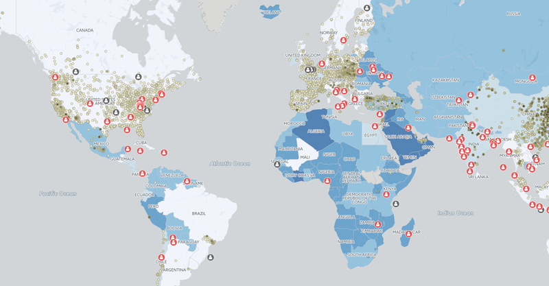 Colored circles indicate the presence of air quality sensors and their readings, but not necessarily global patterns in air pollution. Image: Pollution.org